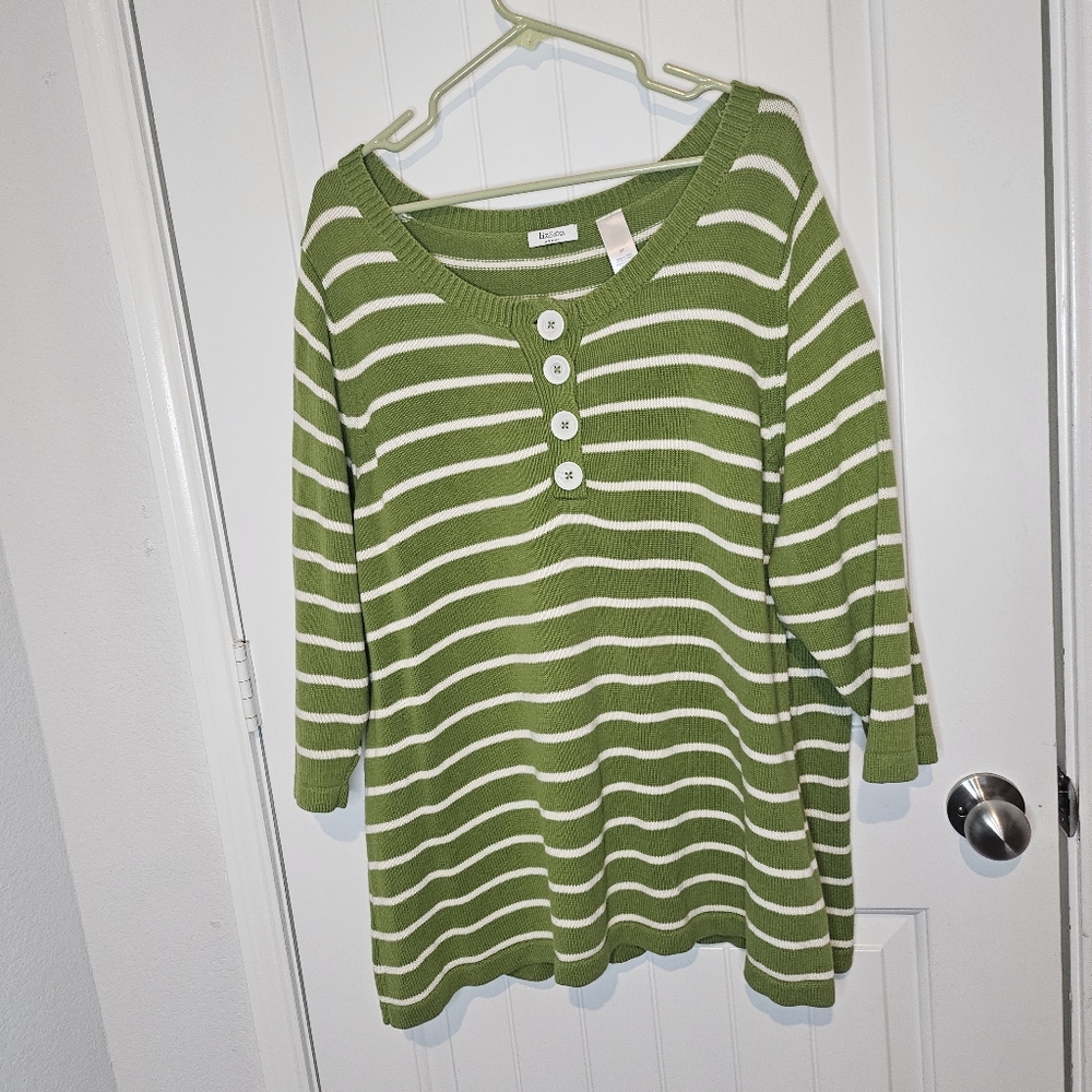 Liz & Co. Plus Size 3X Green White Striped Henley Sweater 100% Cotton